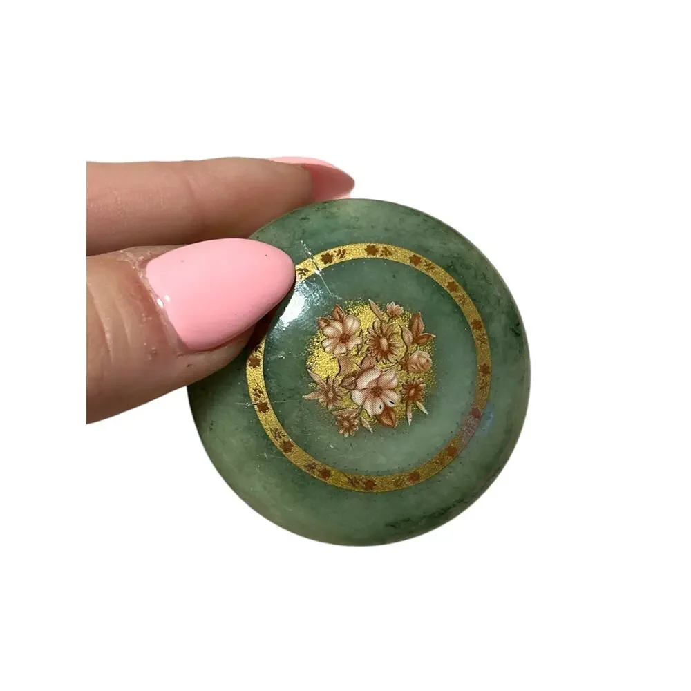 Vintage Green Alabaster Floral Italian Trinket Box (Set of 2)